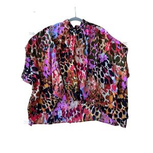 Impressions Abstract Leopard Print Mock Neck Tie Back‎ Blouse Pink Orange Large